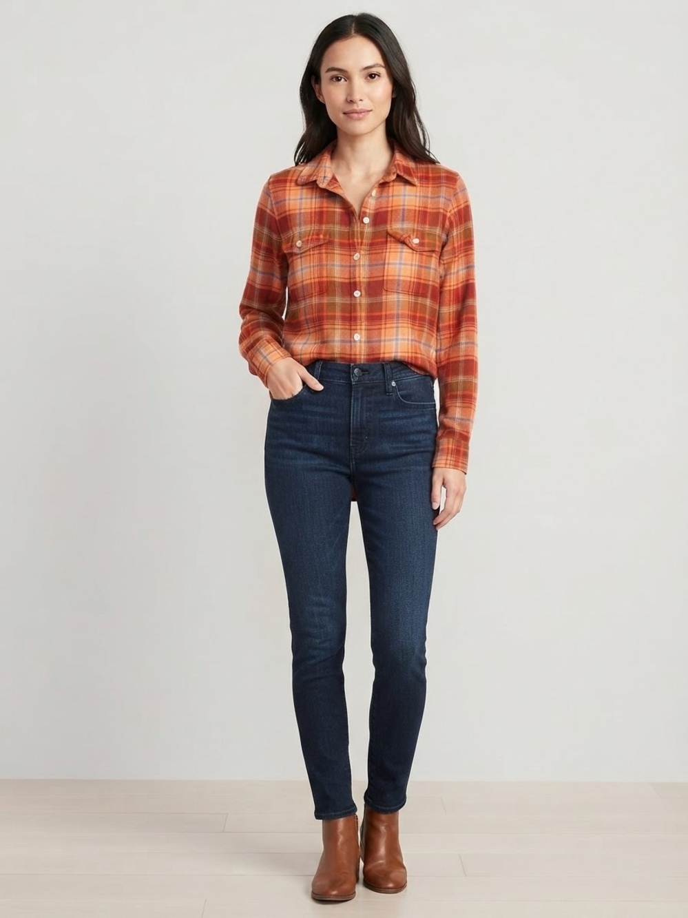 Old Navy Boyfriend Shirt XS Petite Plaid Flannel Red Orange Check - 085